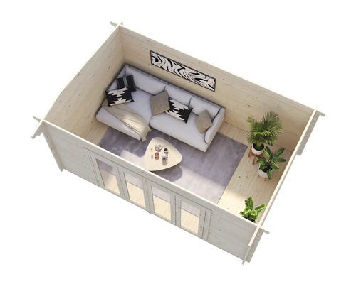 Vue intérieure d'un chalet de jardin moderne avec canapé, table et plantes.