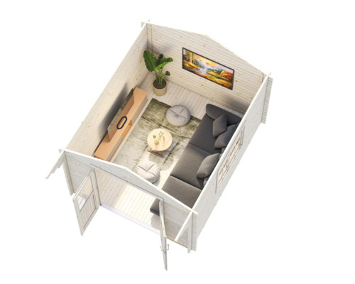 Intérieur d'un pavillon de jardin avec meubles, télévision et décorations