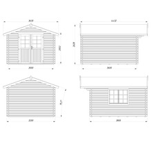 Dessin technique d'un abri de jardin avec dimensions.