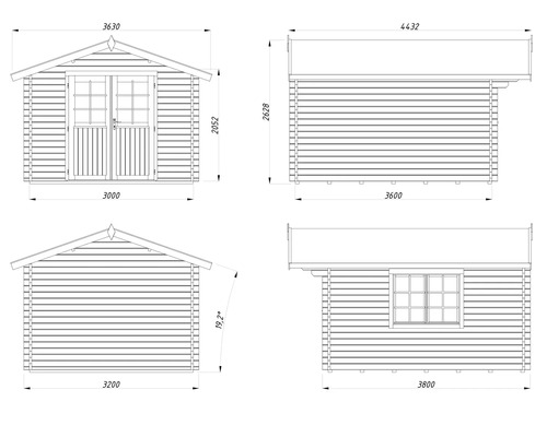 Dessin technique d'un abri de jardin avec dimensions.