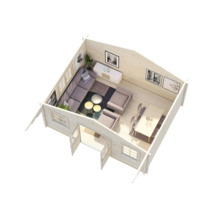 Vue intérieure d'une maison en bois avec salon et salle à manger