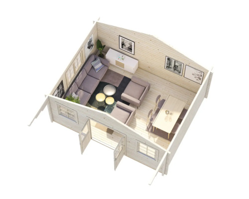 Vue intérieure d'une maison en bois avec salon et salle à manger