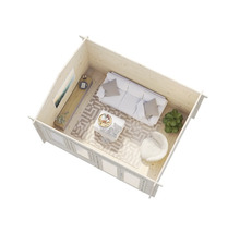 Vue intérieure d'une cabane de jardin avec canapé, fauteuil, table basse et tapis