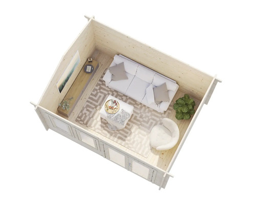 Vue intérieure d'une cabane de jardin avec canapé, fauteuil, table basse et tapis