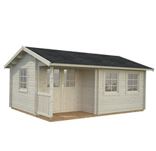 Abri de jardin en bois avec auvent, fenêtres et toit en bois