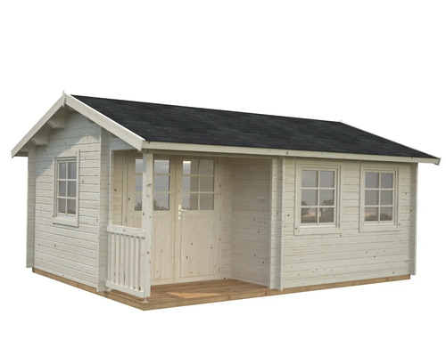 Abri de jardin en bois avec auvent, fenêtres et toit en bois