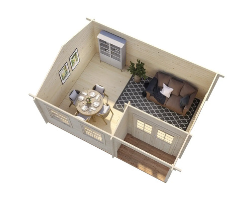 Vue intérieure d'une maison de jardin en bois avec des meubles