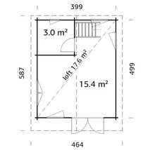Plan d'un abri de jardin mesurant 399 centimètres sur 499 centimètres.