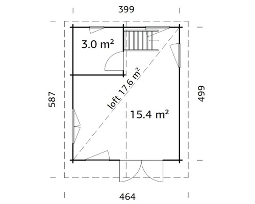 Plan d'un abri de jardin mesurant 399 centimètres sur 499 centimètres.