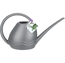 Arrosoir gris en plastique avec poignée incurvée et bec verseur