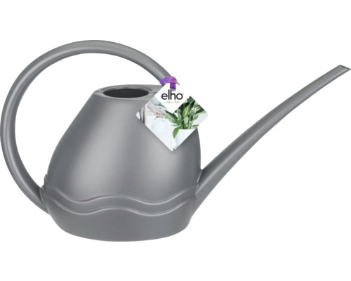 Arrosoir gris en plastique avec poignée incurvée et bec verseur