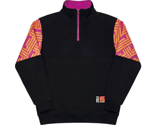 Pull noir avec fermeture éclair et motif sur les manches