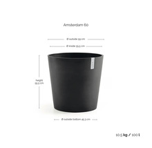 Pot de fleurs noir Amsterdam 60 avec dimensions: hauteur 55,5 centimètres, diamètre extérieur 59 centimètres, volume 100 litres.