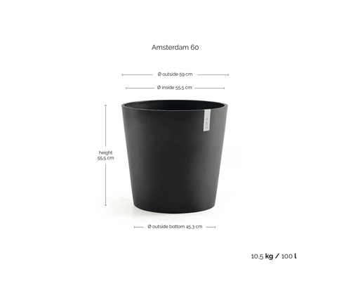 Pot de fleurs noir Amsterdam 60 avec dimensions: hauteur 55,5 centimètres, diamètre extérieur 59 centimètres, volume 100 litres.