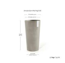 Graues Ecopots Amsterdam Mid High 66 Pflanzgefäß: Höhe 66 Zentimeter, Durchmesser 34 Zentimeter, Gewicht 5,8 Kilogramm, Volumen 35,6 Liter.