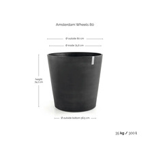 Jardinière Amsterdam Wheels 80 : hauteur 74,2 centimètres, diamètre extérieur 80 centimètres, poids 35 kilogrammes, volume 300 litres.