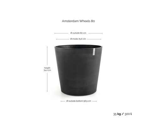 Jardinière Amsterdam Wheels 80 : hauteur 74,2 centimètres, diamètre extérieur 80 centimètres, poids 35 kilogrammes, volume 300 litres.