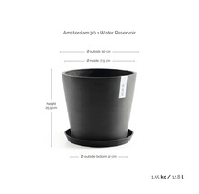 Runder Pflanzkübel Amsterdam 30 mit Untersetzer und Wasserreservoir, Höhe 25,9 Zentimeter, Außendurchmesser 30 Zentimeter, Volumen 12,8 Liter.