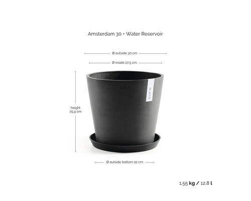 Runder Pflanzkübel Amsterdam 30 mit Untersetzer und Wasserreservoir, Höhe 25,9 Zentimeter, Außendurchmesser 30 Zentimeter, Volumen 12,8 Liter.
