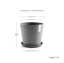 Pot de fleurs Ecopots Amsterdam 30 avec réservoir, hauteur 25,9 centimètres, diamètre 30 centimètres, poids 1,55 kilogramme, volume 12,8 litres.