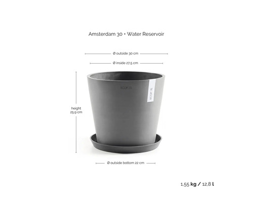 Pot de fleurs Ecopots Amsterdam 30 avec réservoir, hauteur 25,9 centimètres, diamètre 30 centimètres, poids 1,55 kilogramme, volume 12,8 litres.