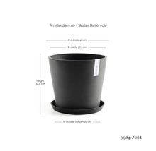 Ecopots Amsterdam 40 Pflanzkübel mit Untersetzer und Wasserspeicher, Durchmesser 40 Zentimeter, Höhe 34,8 Zentimeter, Volumen 28 Liter.