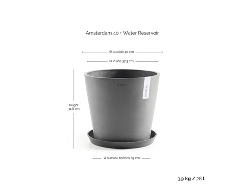 Ecopots Amsterdam 40 Blumentopf mit Untersetzer und Wasserreservoir, Höhe 34,8 Zentimeter, Außendurchmesser 40 Zentimeter, Volumen 28 Liter.