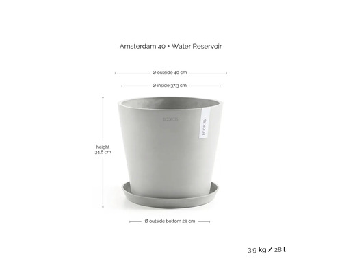 Pot de fleurs Ecopots Amsterdam 40 avec soucoupe et réservoir d'eau, diamètre 40 centimètres, hauteur 34,8 centimètres, volume 28 litres.