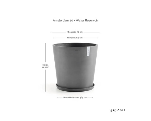 ECOPOTS Pflanzgefäß Amsterdam 50 grau mit Wasserspeicher und Untersetzer, Höhe 44,3 Zentimeter, Durchmesser 50 Zentimeter, Volumen 62 Liter.