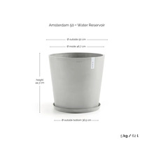 Graues rundes Pflanzgefäß Ecopots Amsterdam 50 mit Untersetzer und Wasserreservoir, Höhe 44,3 Zentimeter, Durchmesser 50 Zentimeter, 62 Liter.