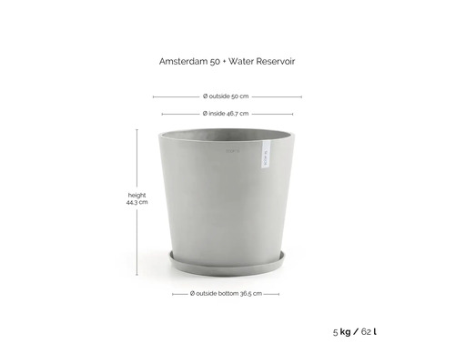 Graues rundes Pflanzgefäß Ecopots Amsterdam 50 mit Untersetzer und Wasserreservoir, Höhe 44,3 Zentimeter, Durchmesser 50 Zentimeter, 62 Liter.