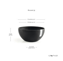 Coupe à plantes noire Brussel 35 avec dimensions : hauteur 16,7 centimètres, diamètre extérieur 35 centimètres, volume 11,5 litres.
