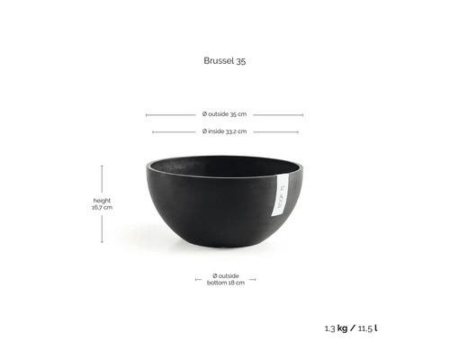 Coupe à plantes noire Brussel 35 avec dimensions : hauteur 16,7 centimètres, diamètre extérieur 35 centimètres, volume 11,5 litres.