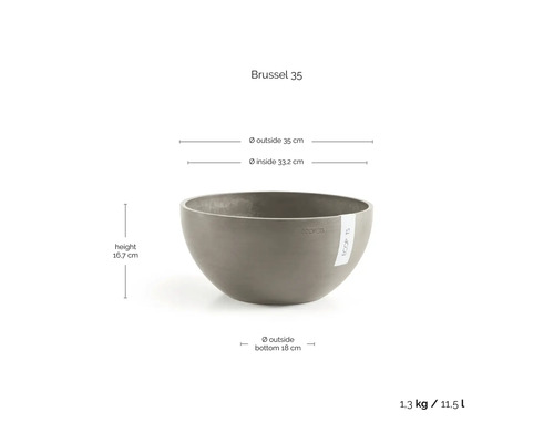 ECOPOTS Pflanzenschale Brussel 35, Durchmesser 35 Zentimeter, Höhe 16,7 Zentimeter, Fassungsvermögen 11,5 Liter, Gewicht 1,3 Kilogramm.