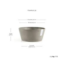 Graue Ecopots Frankfurt 30 Pflanzschale mit Maßen: Höhe 15,6 Zentimeter, Außendurchmesser 30,6 Zentimeter, 8 Liter.