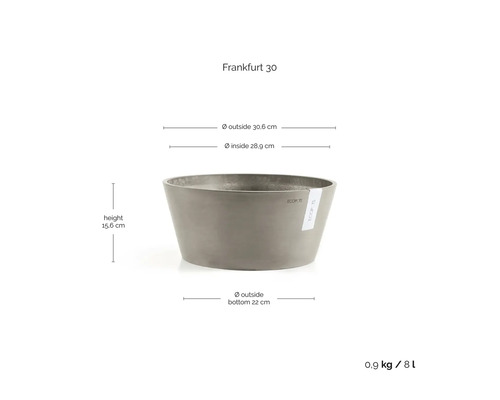 Graue Ecopots Frankfurt 30 Pflanzschale mit Maßen: Höhe 15,6 Zentimeter, Außendurchmesser 30,6 Zentimeter, 8 Liter.