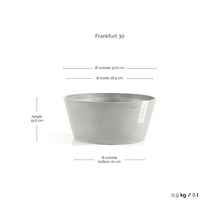 Pot de fleurs gris Ecopots Frankfurt 30: hauteur 15,6 centimètres, diamètre extérieur 30,6 centimètres, volume 8 litres, poids 0,9 kilogramme.