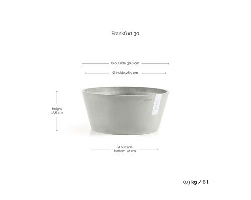 Pot de fleurs gris Ecopots Frankfurt 30: hauteur 15,6 centimètres, diamètre extérieur 30,6 centimètres, volume 8 litres, poids 0,9 kilogramme.
