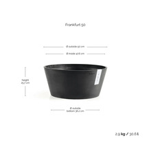 Ecopots Pflanzkübel Frankfurt 50, anthrazit, Durchmesser 50 Zentimeter, Höhe 25,7 Zentimeter, Volumen 30,6 Liter, aus recyceltem Kunststoff.