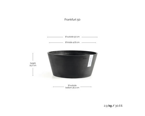 Ecopots Pflanzkübel Frankfurt 50, anthrazit, Durchmesser 50 Zentimeter, Höhe 25,7 Zentimeter, Volumen 30,6 Liter, aus recyceltem Kunststoff.