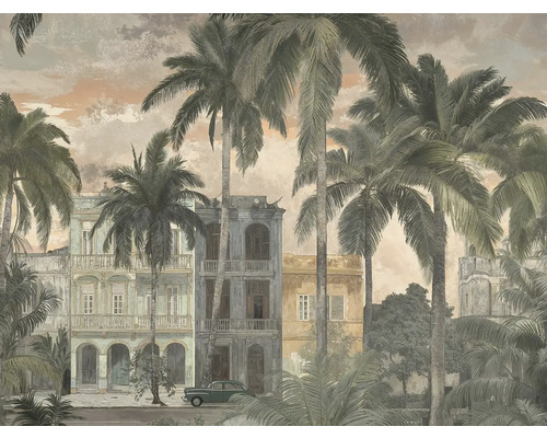 Papier peint intissé illustrant des palmiers tropicaux devant des bâtiments historiques et une voiture ancienne de style Havane.