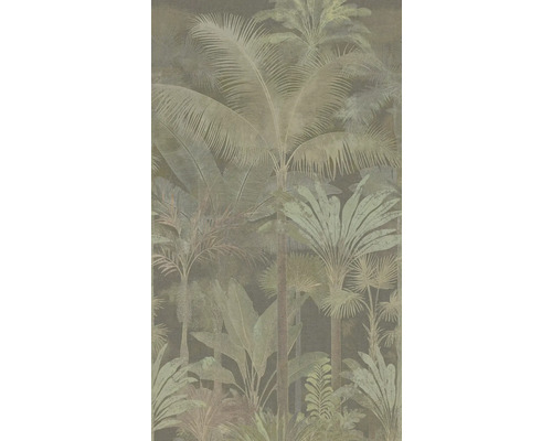 Papier peint avec motif tropical de palmiers et feuilles de jungle.