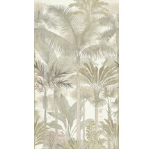 Papier peint avec motif de jungle tropicale composé de divers palmiers et plantes exotiques dans un style graphique détaillé.