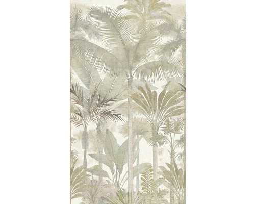 Papier peint avec motif de jungle tropicale composé de divers palmiers et plantes exotiques dans un style graphique détaillé.
