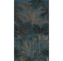Papier peint avec motif tropical de palmiers et de feuilles en bleu foncé et bronze.