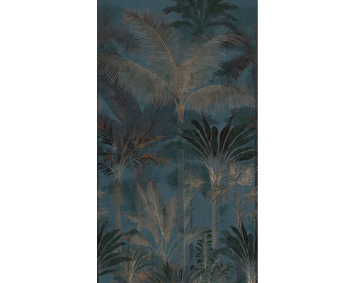 Papier peint avec motif tropical de palmiers et de feuilles en bleu foncé et bronze.