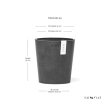 Pot de fleurs Ecopots Morinda 14, hauteur 15 centimètres, diamètre extérieur 14 centimètres, diamètre intérieur 12,8 centimètres, volume 1,4 litre.