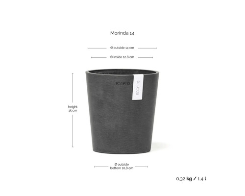 Pot de fleurs Ecopots Morinda 14, hauteur 15 centimètres, diamètre extérieur 14 centimètres, diamètre intérieur 12,8 centimètres, volume 1,4 litre.