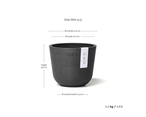 ECOPOTS Blumentopf Oslo Mini 11,5 mit Maßen: Höhe 9,5 Zentimeter, Außendurchmesser 11,4 Zentimeter, Innendurchmesser 10,1 Zentimeter.