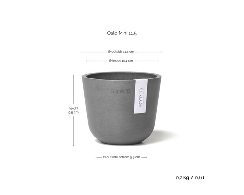 Blumentopf Ecopots Oslo Mini 11,5: Höhe 9,5 Zentimeter, Durchmesser außen 11,4 Zentimeter, Gewicht 0,2 Kilogramm, Volumen 0,6 Liter.